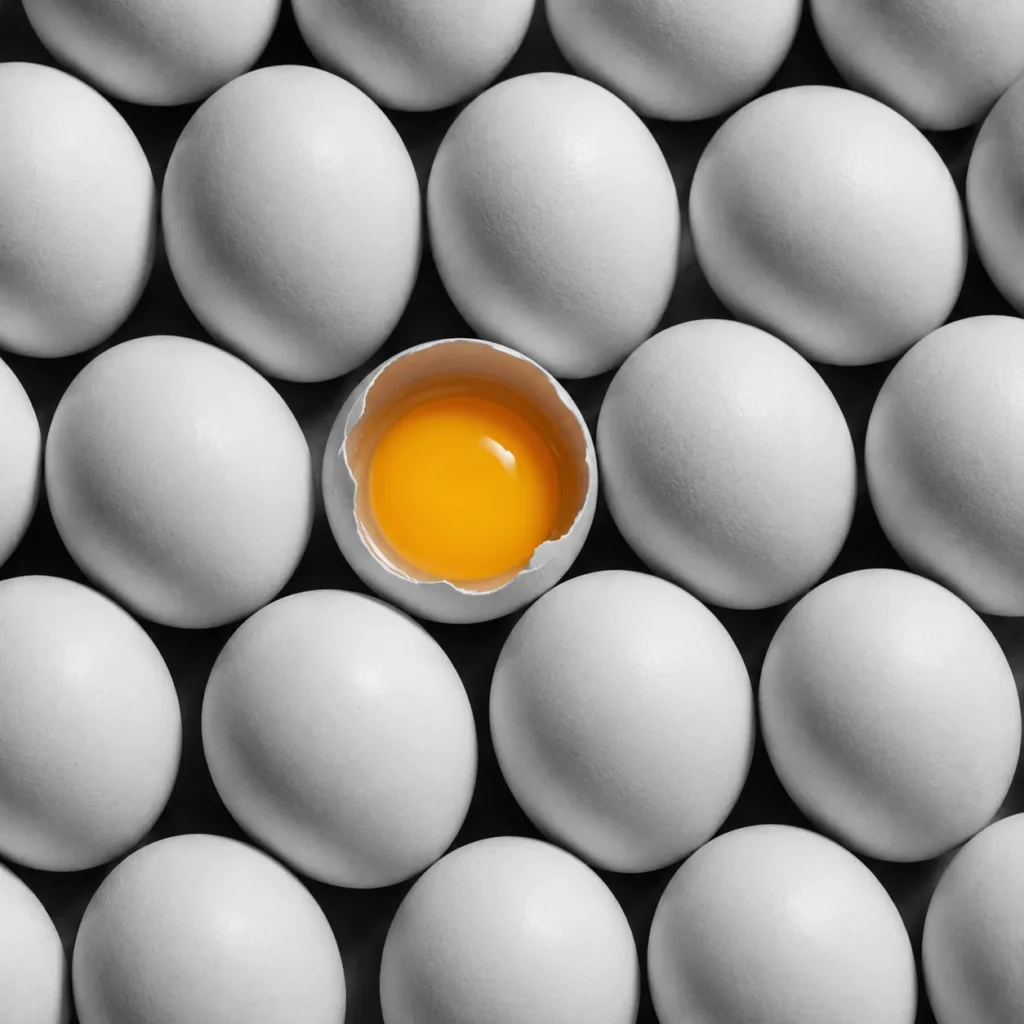A single cracked egg with a vivid orange yolk set among rows of white eggs on a black surface