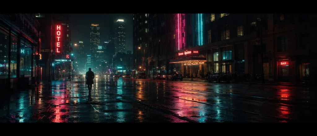 Lone figure walking down a rain-slicked city street at night under a red HOTEL neon sign, neo-noir film still