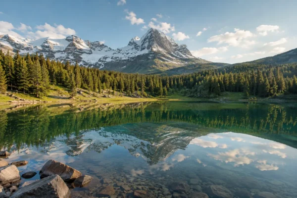 Still alpine lake mirroring snow-capped peaks at dawn on a mountain travel trip