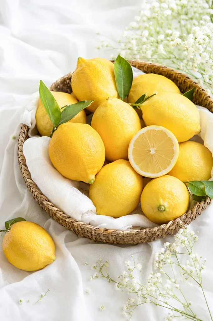 Woven basket of whole lemons with one halved lemon on white linen and baby's breath