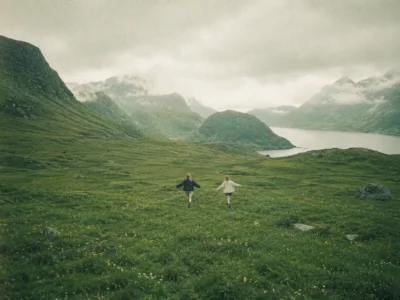 Two hikers running hand in hand across a green hillside above a fjord on an adventure trip