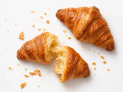 Whole croissant beside a torn one showing flaky layered crumb, scattered crumbs on white
