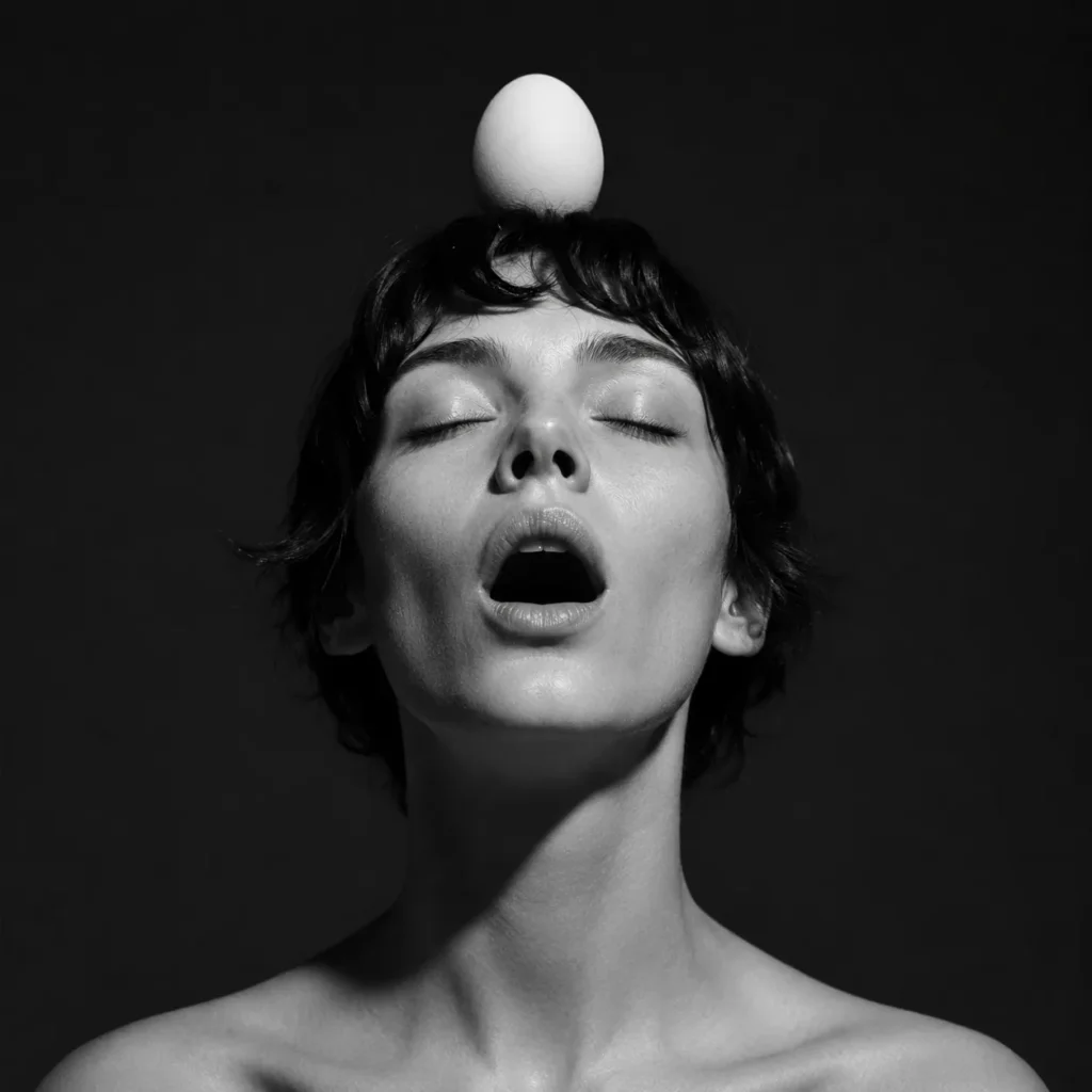 Black and white portrait of a woman balancing a single egg on her forehead with eyes closed