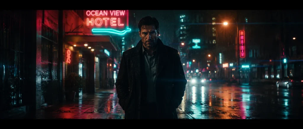 Brooding man in a dark coat standing on a neon-lit wet street beneath an Ocean View Hotel sign at night