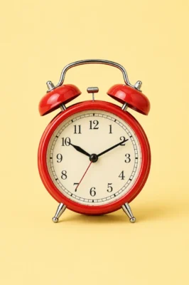 Vintage red twin-bell alarm clock centered on a warm yellow studio backdrop