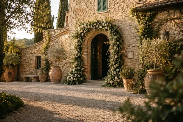 Stone villa entrance framed by a white floral arch and potted greenery at a Tuscan countryside wedding