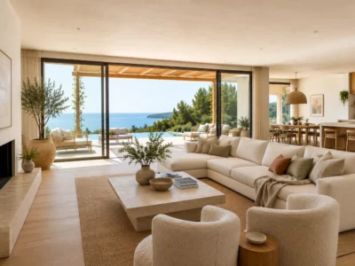 Open-plan villa living room with cream sofas, a fireplace and folding doors framing the Mediterranean sea
