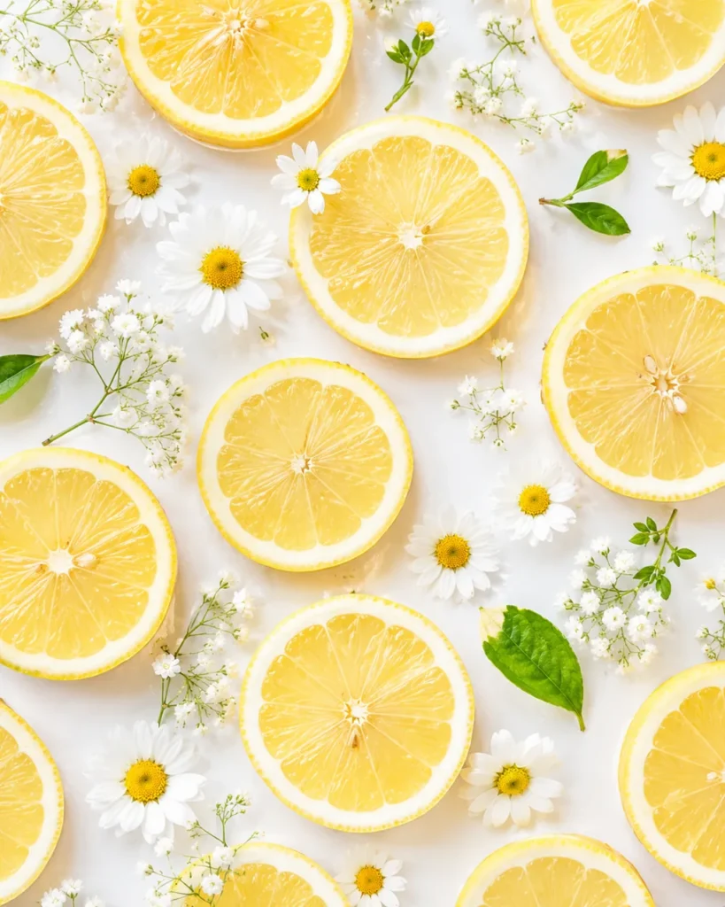 Flatlay of round lemon slices scattered with daisies and baby's breath on white