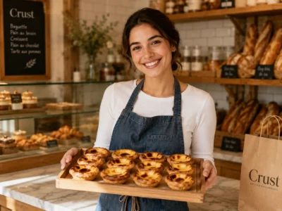 Smiling baker in a denim apron holds a wooden tray of custard tarts at the Crust bakery counter