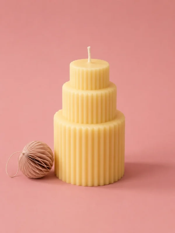 Three-tiered ribbed yellow pillar candle beside a paper honeycomb bauble on pink