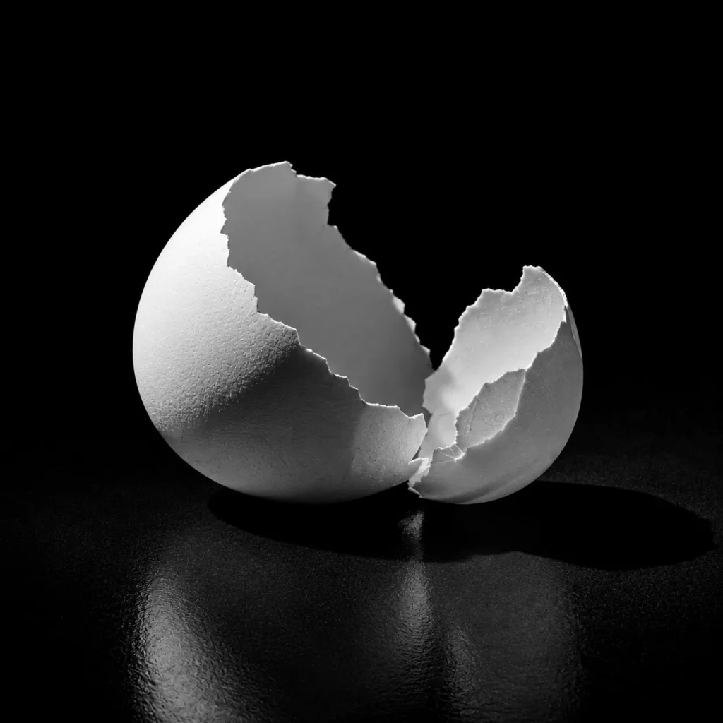 An empty white eggshell split open in two halves on a dark reflective surface