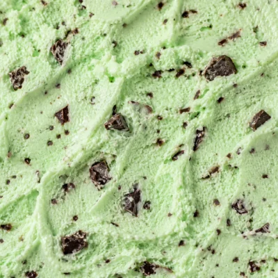 Soft green mint chocolate chip gelato scattered with dark chocolate shards