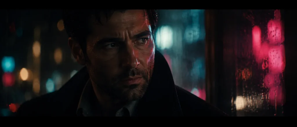 Close-up of a weathered man's face lit by colored city neon through a rain-streaked window, neo-noir film still