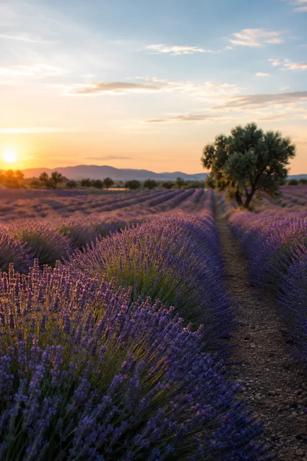 Rows of purple lavender leading to a lone tree at sunset on a Provence travel trip
