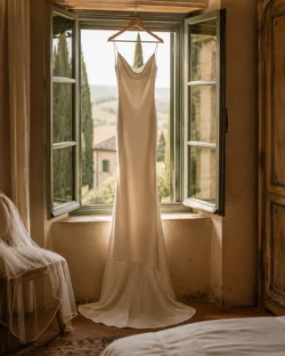 Bridal gown hanging in a sunlit villa window overlooking the Tuscan countryside before the wedding