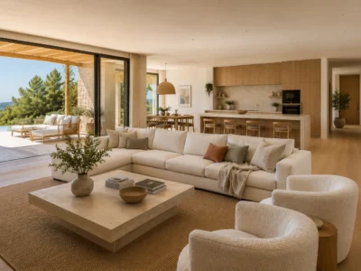 Warm-minimalist open-plan living and kitchen space in a Mediterranean villa rental with sea views