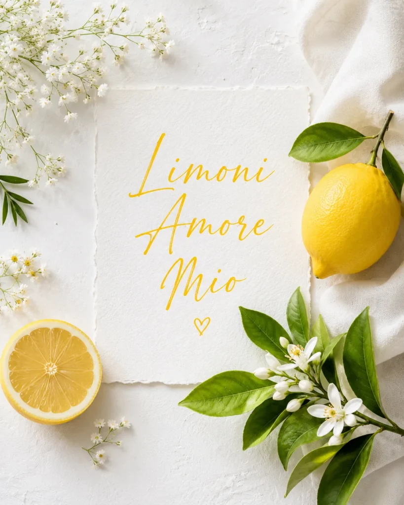 Handmade card reading Limoni Amore Mio beside a lemon branch and blossom