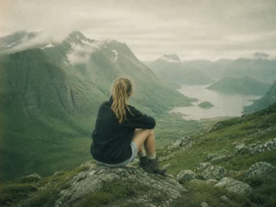 Hiker sitting on a rocky outcrop looking out over a fjord and clouded peaks on an adventure trip
