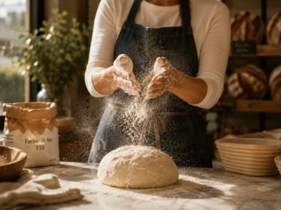 Baker dusts flour over a round sourdough boule on a wooden bench, proofing baskets nearby