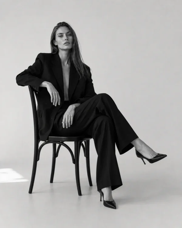 Model in a tailored black suit and heels seated on a bentwood chair in a bright studio, editorial fashion