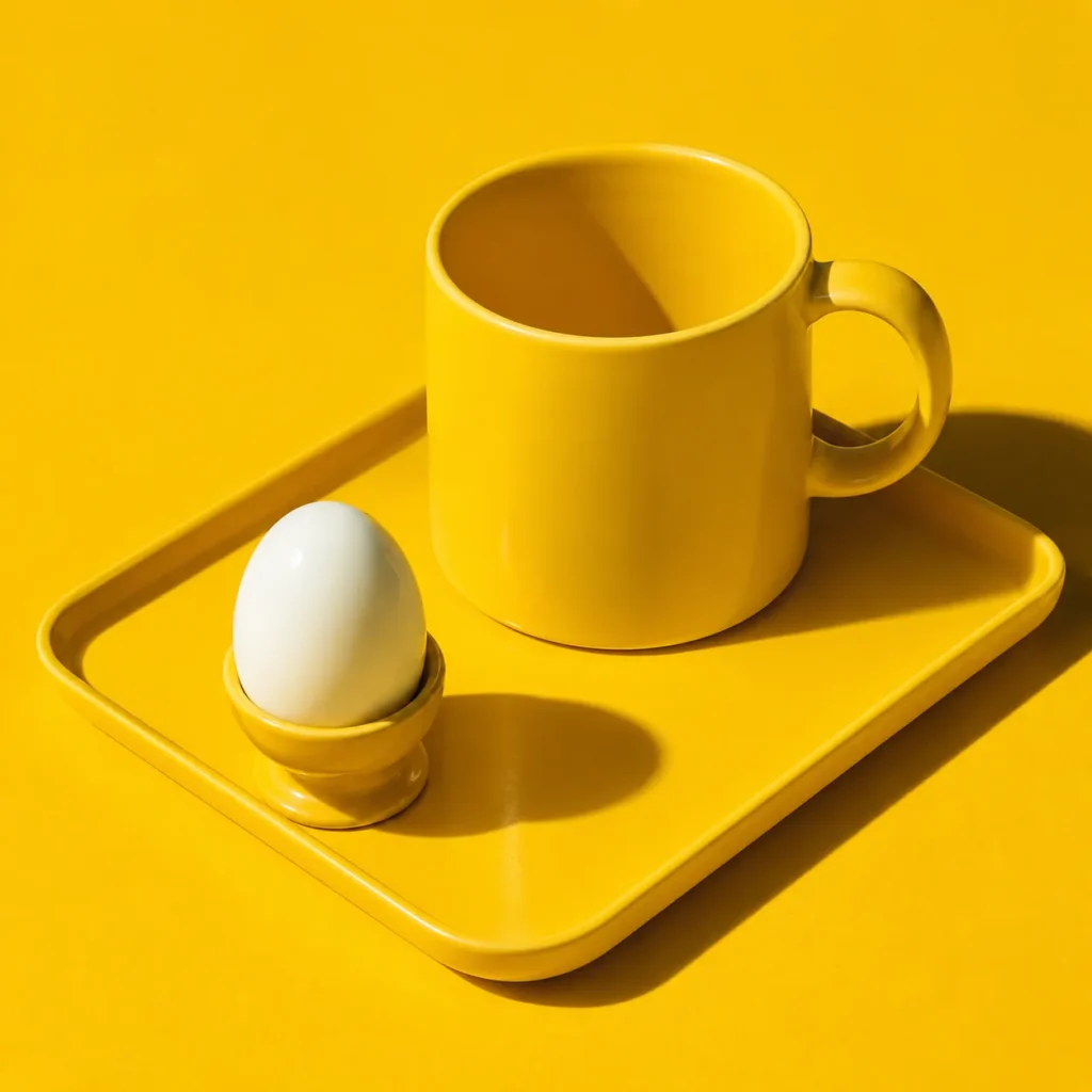 A boiled egg in a yellow eggcup beside a matching yellow mug on a yellow tray and background