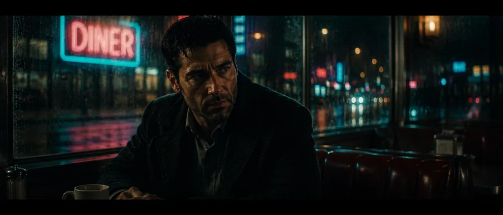 Tired man in a diner booth beside a window with a red DINER neon sign and rainy city street at night