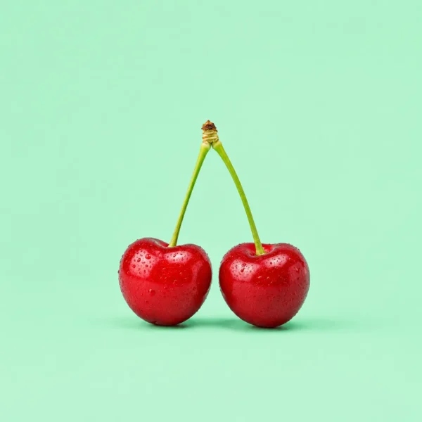 Two cherries sharing a stem on soft teal.