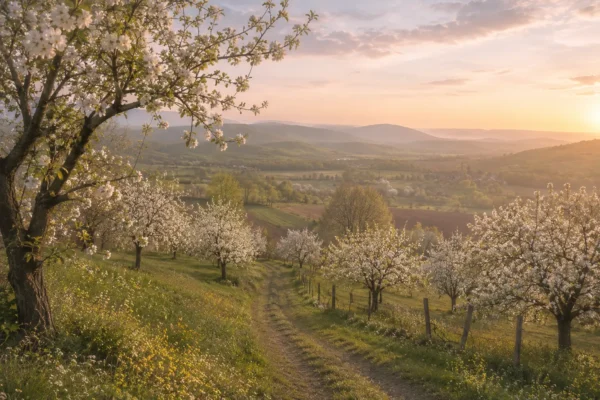Blossoming orchard and dirt path winding through a green valley on a spring travel route
