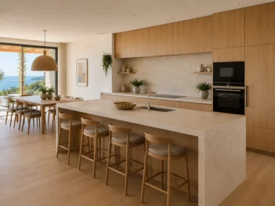 Oak and stone kitchen island with breakfast-bar stools in a Mediterranean villa rental beside a sea-view dining table