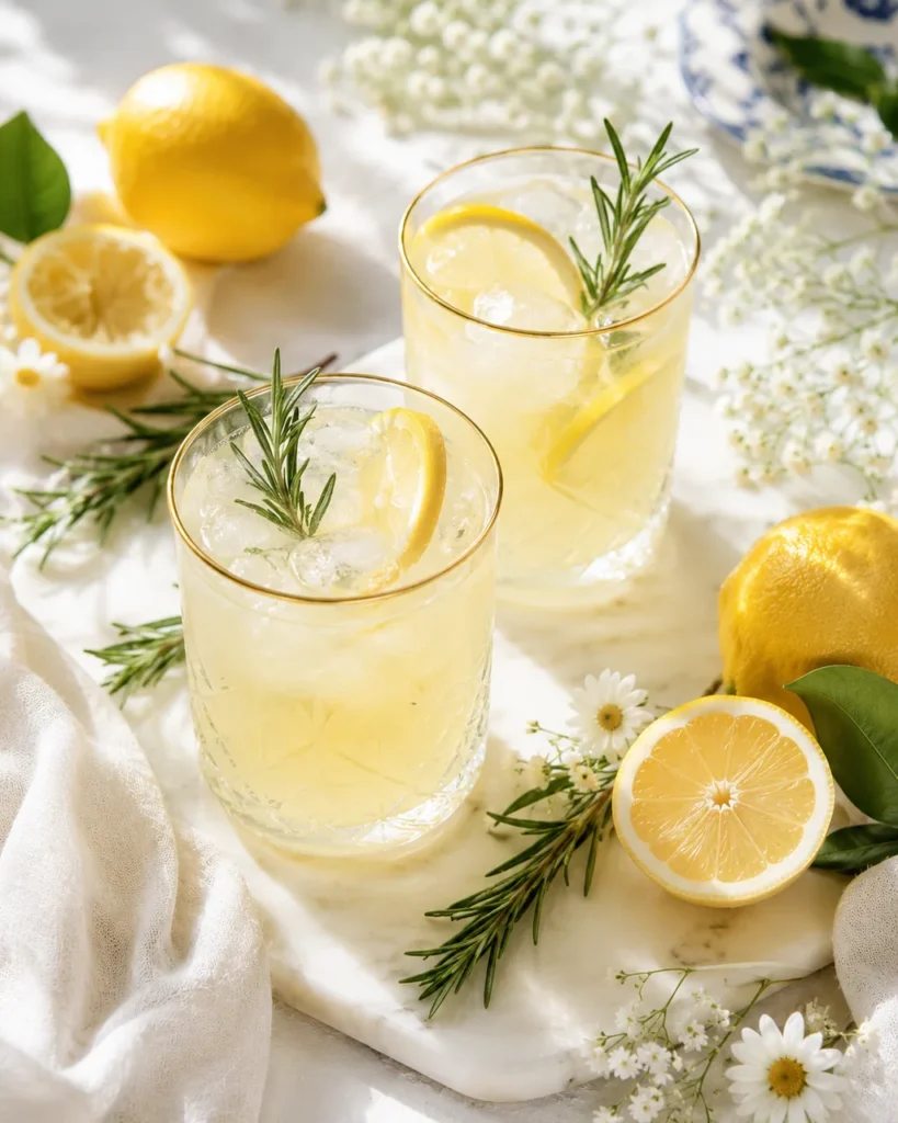 Two glasses of lemon spritz with rosemary and lemon slices on a white cloth