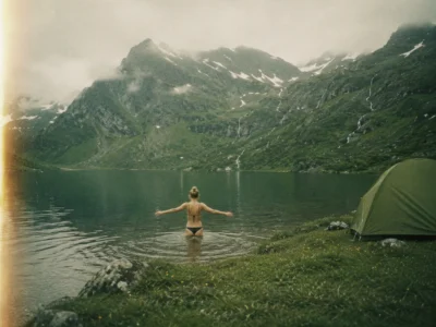 Person wading into a cold mountain lake beside a tent, snow-streaked peaks behind on an adventure trip