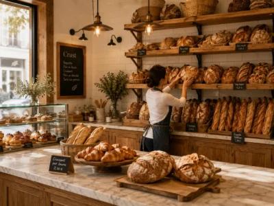 Baker arranges loaves on a wall of wooden shelves stacked with bread inside the Crust storefront