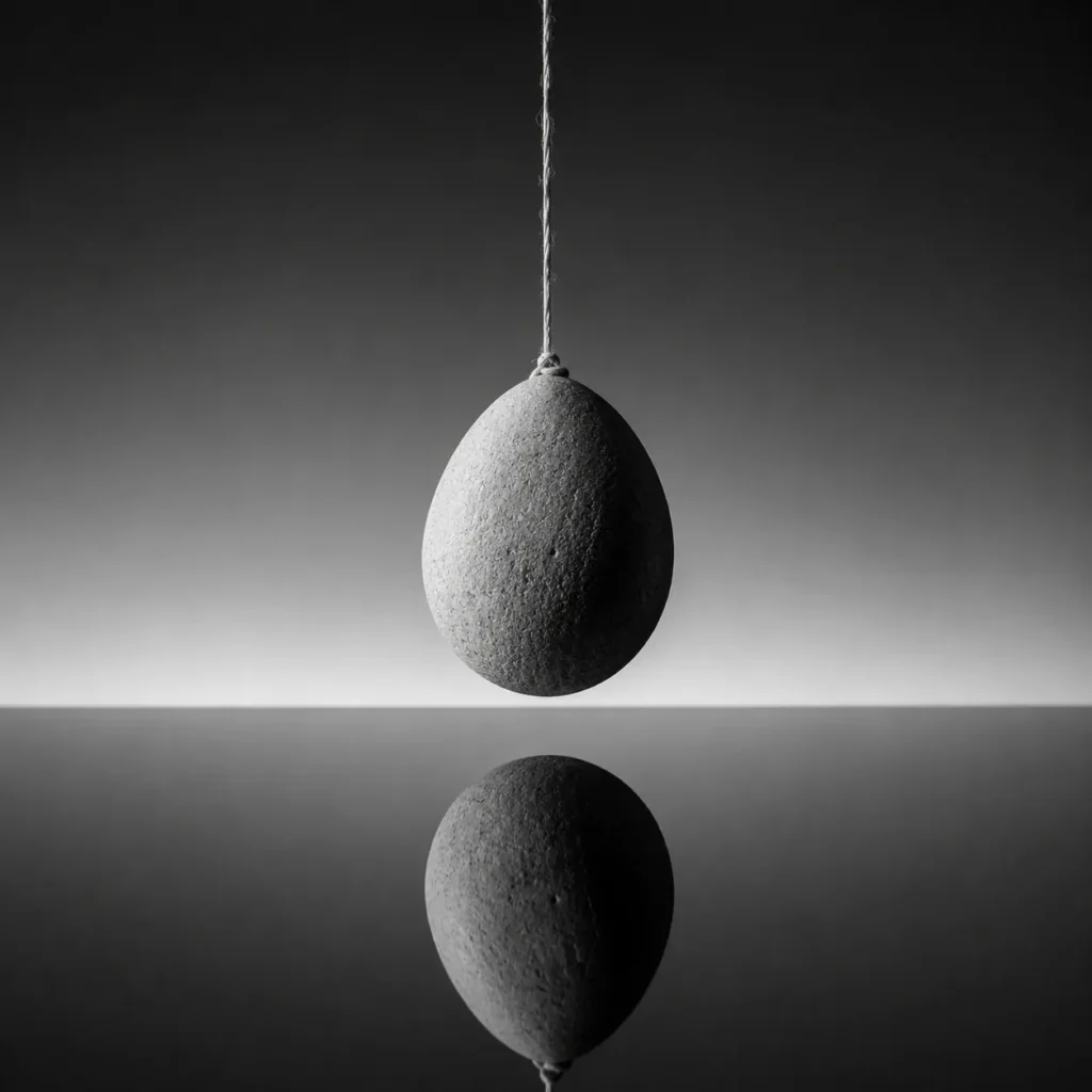A matte grey egg hanging from a string above its mirror reflection in a minimalist grey scene