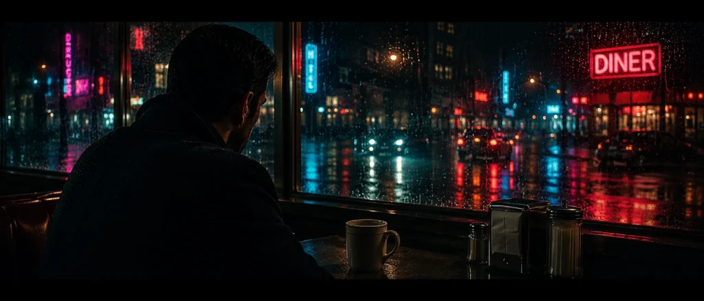 Man seen from behind in a diner booth looking out at a rainy neon city street with a red DINER sign