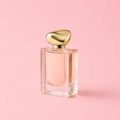 Cube glass perfume bottle with gold cap centered on a pale pink background