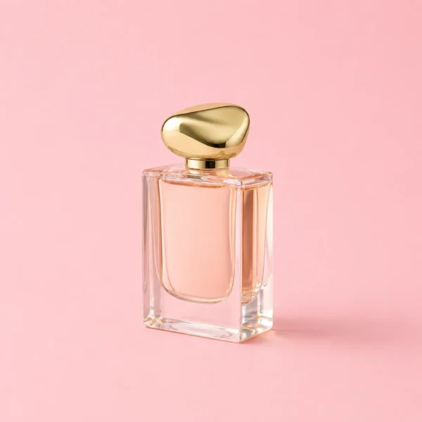 A glass perfume bottle on pale pink.