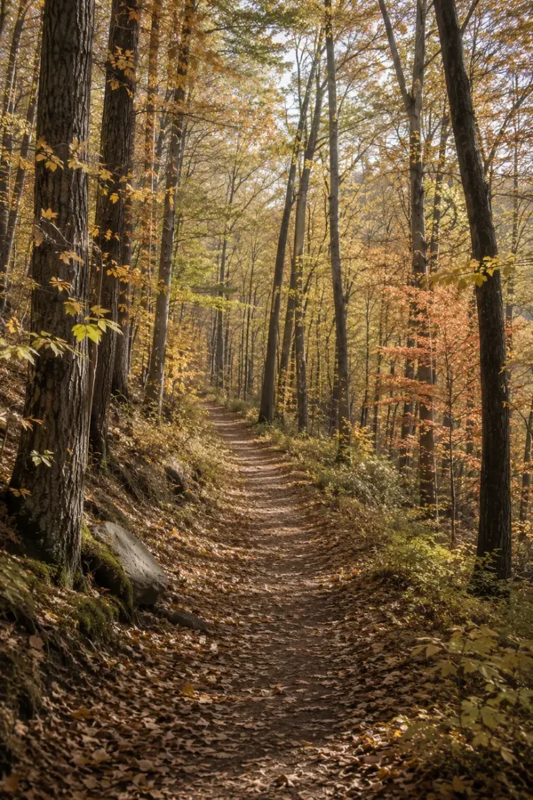 Sunlit hiking trail through a tall autumn forest on a woodland travel hike