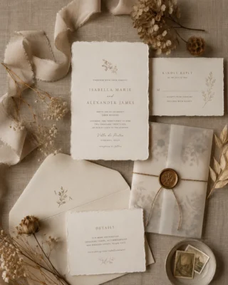 Wedding invitation suite flatlay with handwriting, wax seal and dried botanicals for a Tuscan wedding