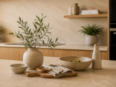 Kitchen counter detail in a Mediterranean villa with a ceramic vase of olive branches, bowls and stoneware