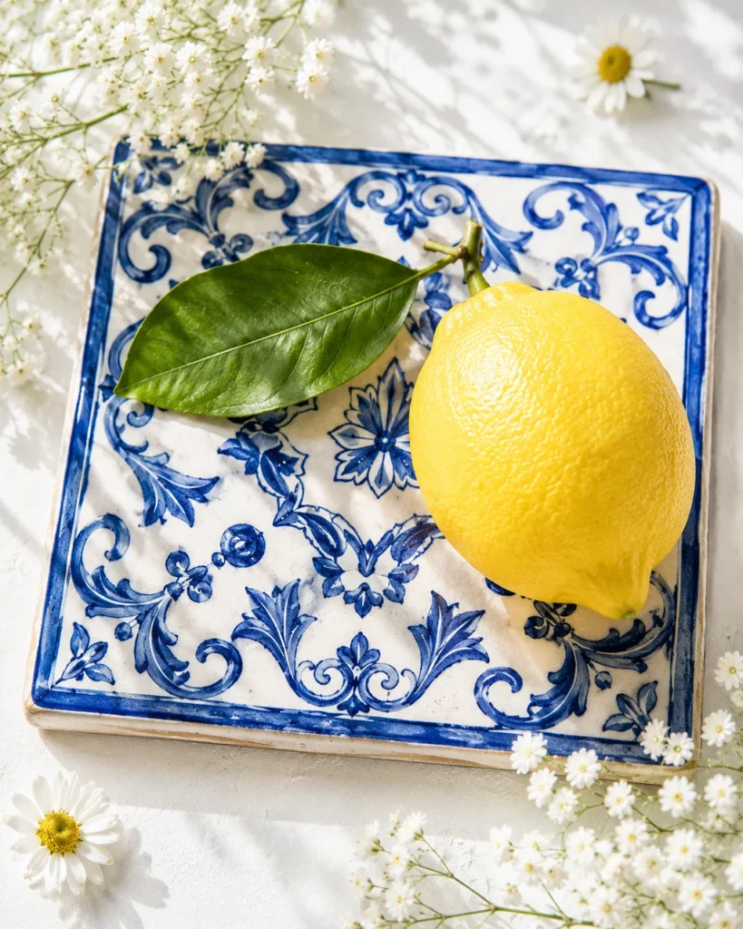 Single lemon with leaf resting on a blue and white painted tile among white flowers