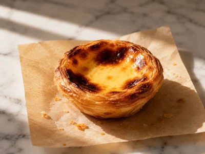 Single caramelised custard tart on parchment paper lit by soft window light on marble