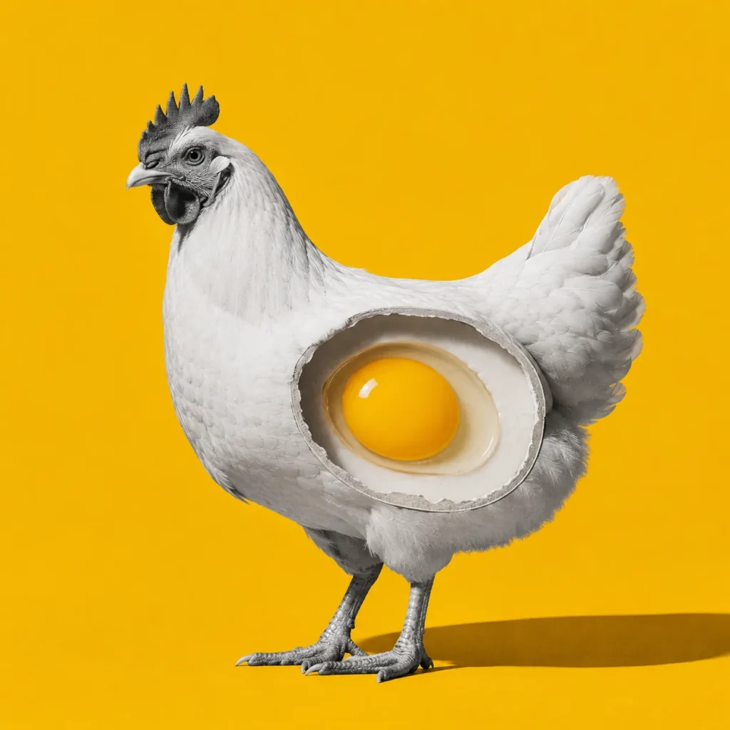 Surreal collage of a white hen on a yellow background with a fried egg where its body should be