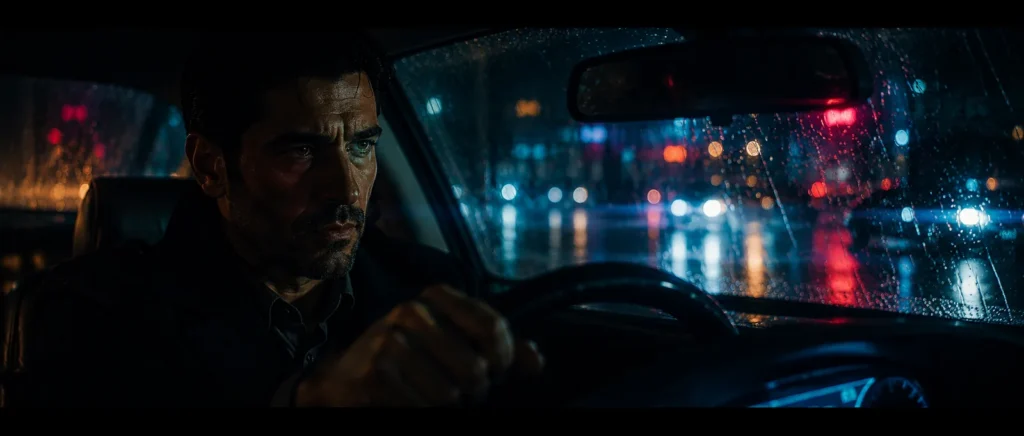 Man behind the wheel of a car at night lit by neon, looking through a rain-spotted windshield, neo-noir film still