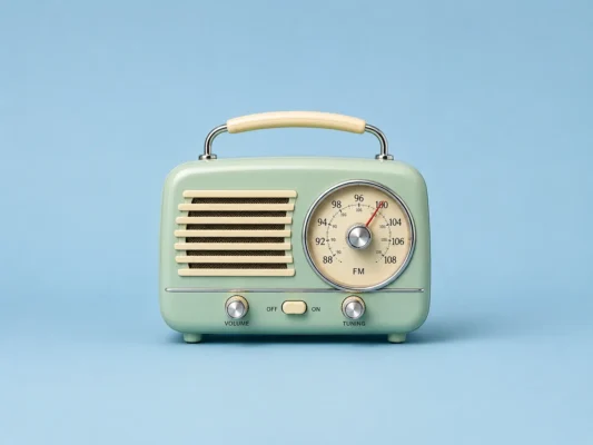 Cream vintage transistor radio centered on a muted blue studio background