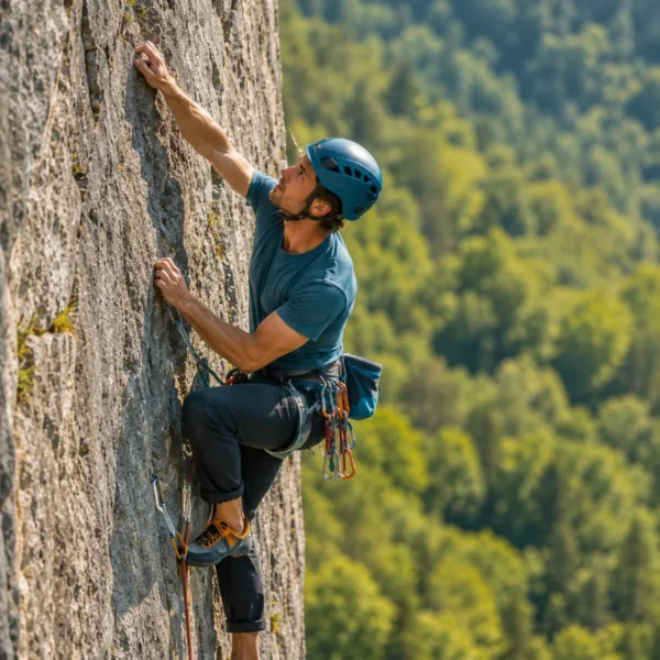 Rock climber scaling a steep grey cliff above a forested valley on an adventure travel trip