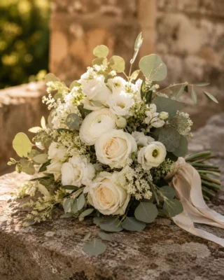 White rose and greenery bridal bouquet resting against a rustic stone wall at a Tuscan wedding