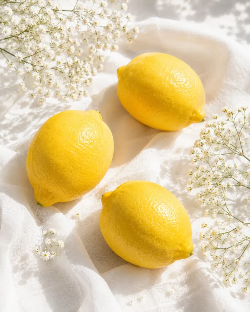 Three whole lemons on rumpled white linen with sprigs of baby's breath