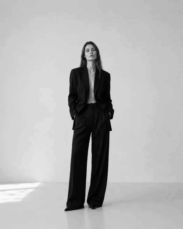 Model standing in an open black blazer and wide trousers in a minimalist studio, editorial fashion full length