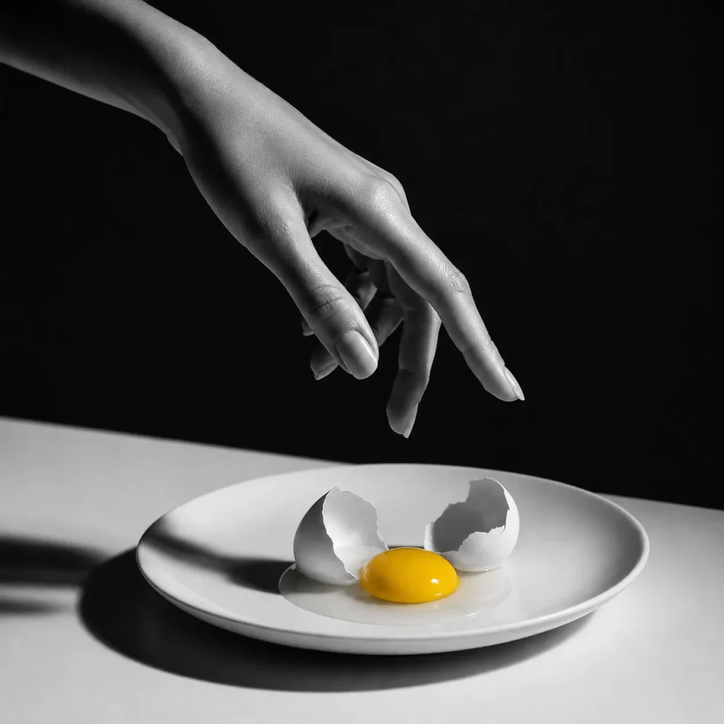 A hand reaching toward a cracked egg with intact yolk on a white plate against a black background