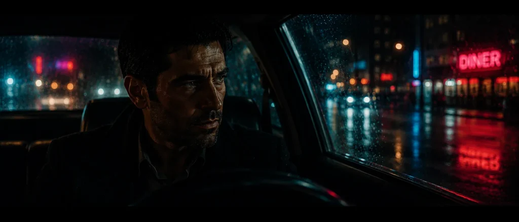 Man in a car at night glancing out the side window toward a red DINER neon sign on a rainy street